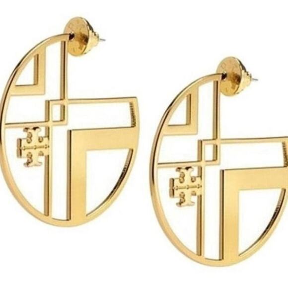 New Tory Burch Gold Chevron Stud Hoop Earrings - Picture 1 of 7